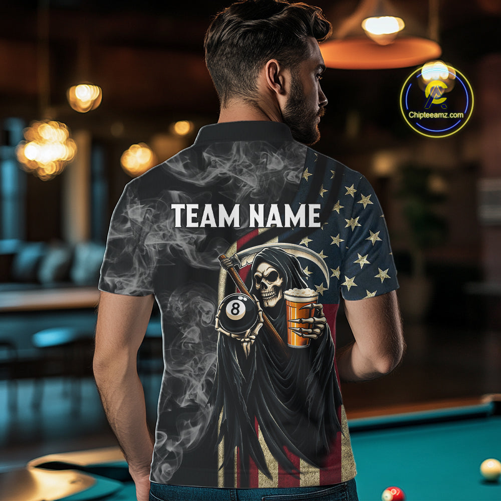 US Flag Grim Reaper Smoke Billiard Shirt Custom 8 Ball Pool Team Jersey Polo & 1/4 Zip