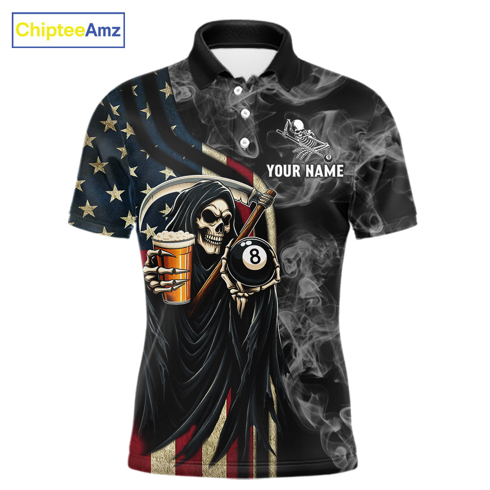 US Flag Grim Reaper Smoke Billiard Shirt Custom 8 Ball Pool Team Jersey Polo & 1/4 Zip