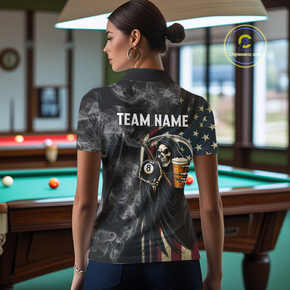 US Flag Grim Reaper Smoke Billiard Shirt Custom 8 Ball Pool Team Jersey Polo & 1/4 Zip