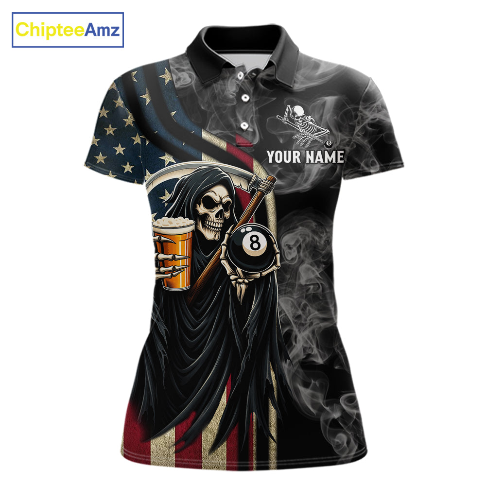 US Flag Grim Reaper Smoke Billiard Shirt Custom 8 Ball Pool Team Jersey Polo & 1/4 Zip