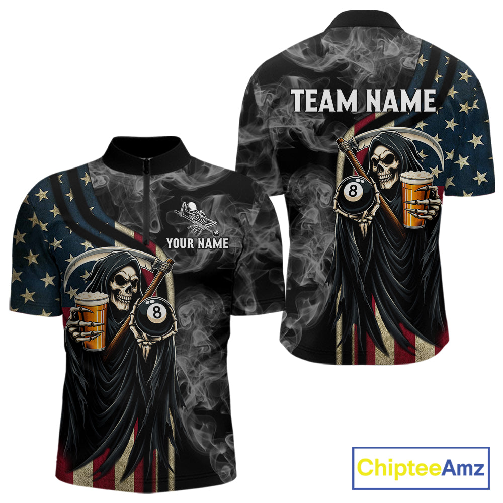 US Flag Grim Reaper Smoke Billiard Shirt Custom 8 Ball Pool Team Jersey Polo & 1/4 Zip