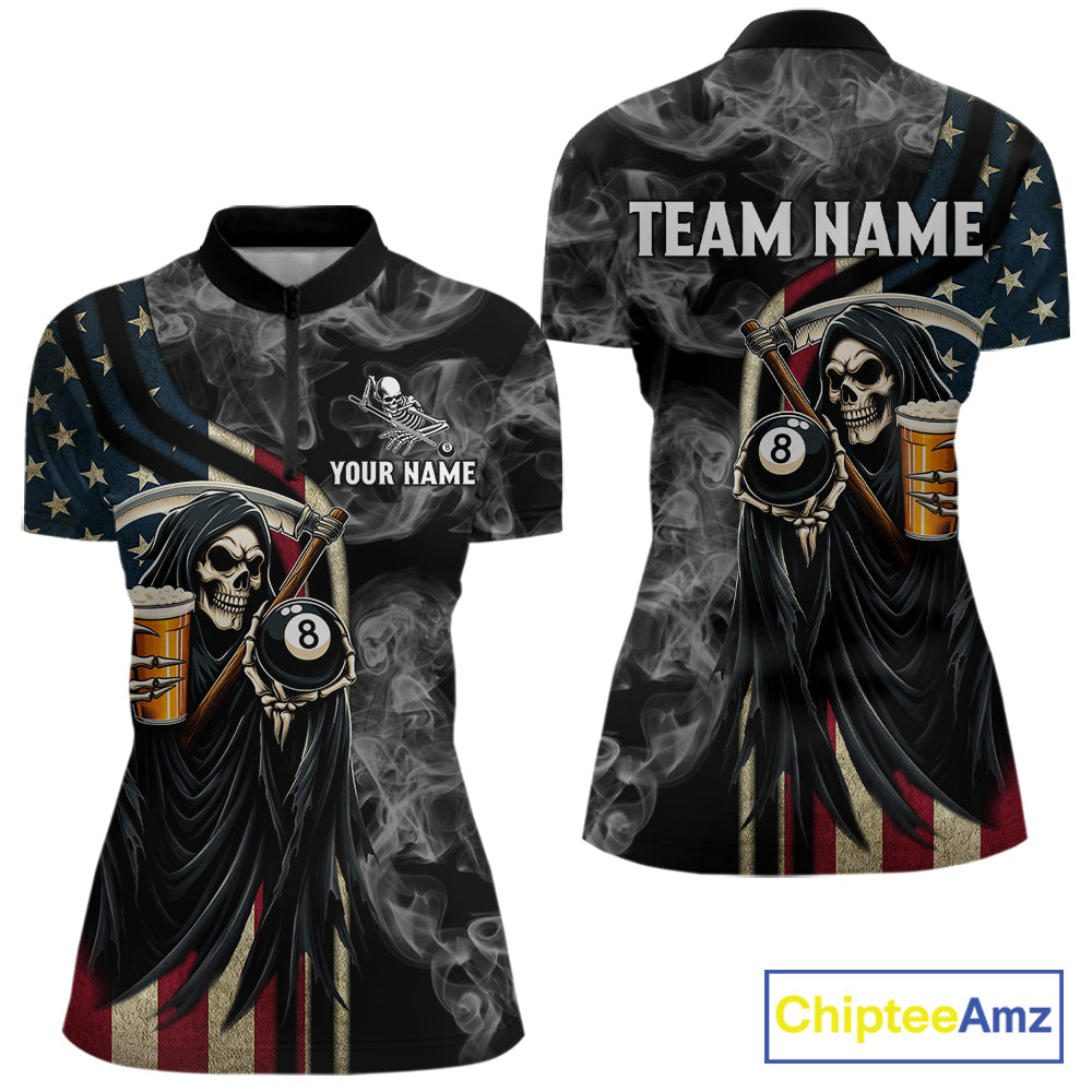 US Flag Grim Reaper Smoke Billiard Shirt Custom 8 Ball Pool Team Jersey Polo & 1/4 Zip