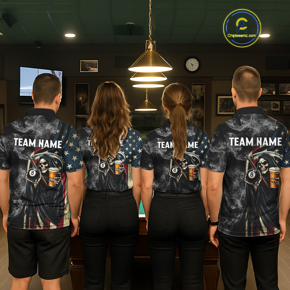 US Flag Grim Reaper Smoke Billiard Shirt Custom 8 Ball Pool Team Jersey Polo & 1/4 Zip