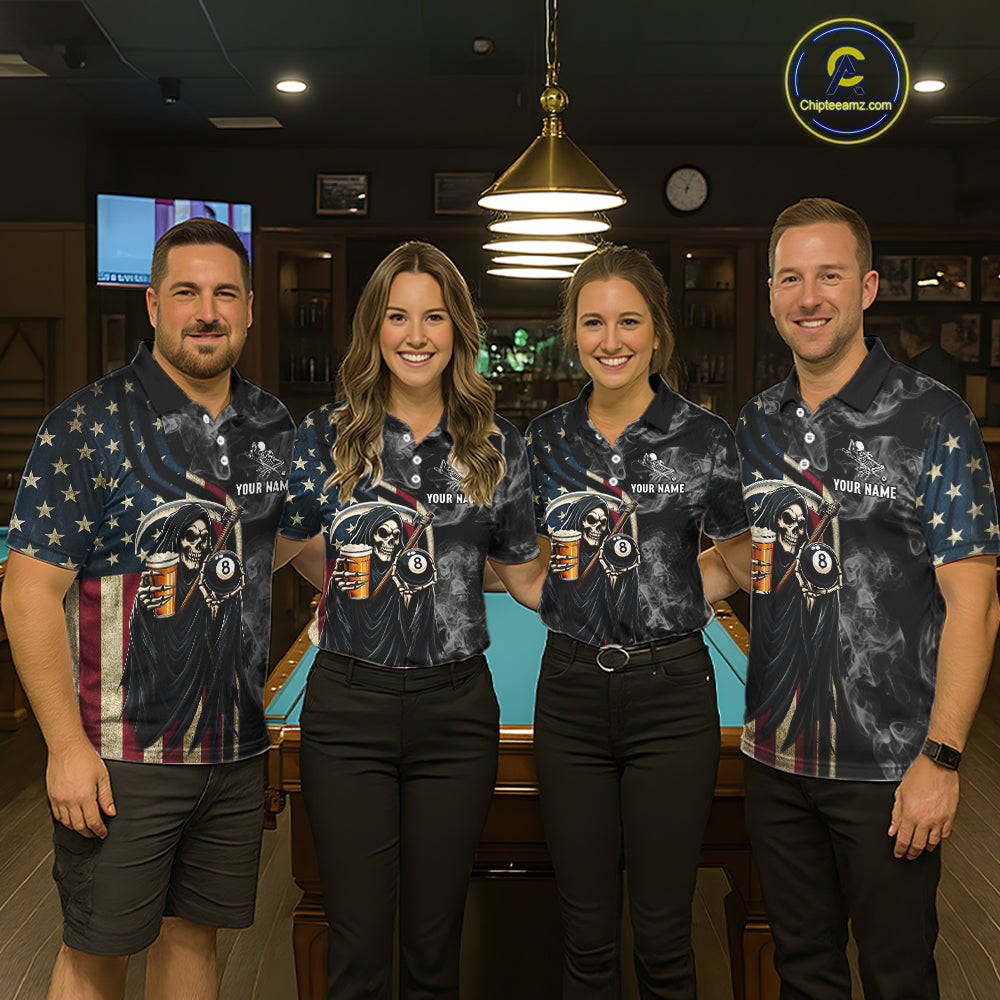 US Flag Grim Reaper Smoke Billiard Shirt Custom 8 Ball Pool Team Jersey Polo & 1/4 Zip