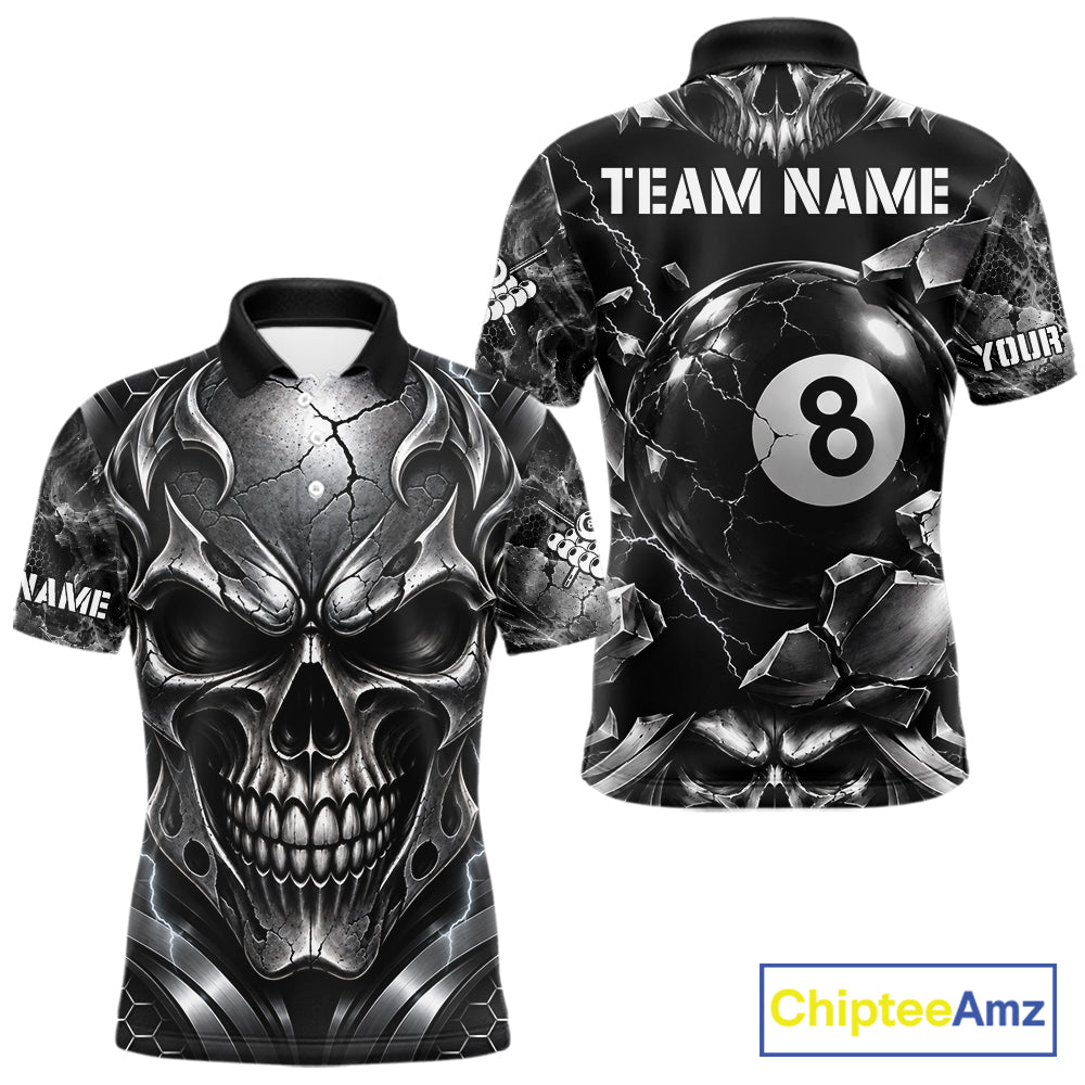 Black And Silver 8 Ball Pool Skull Billiard Shirts Custom Billiard League Team Jersey