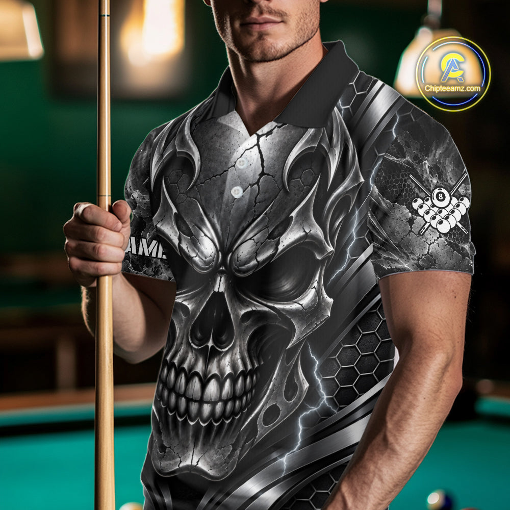Black And Silver 8 Ball Pool Skull Billiard Shirts Custom Billiard League Team Jersey