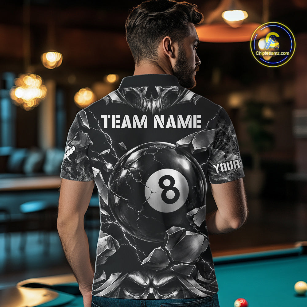 Black And Silver 8 Ball Pool Skull Billiard Shirts Custom Billiard League Team Jersey