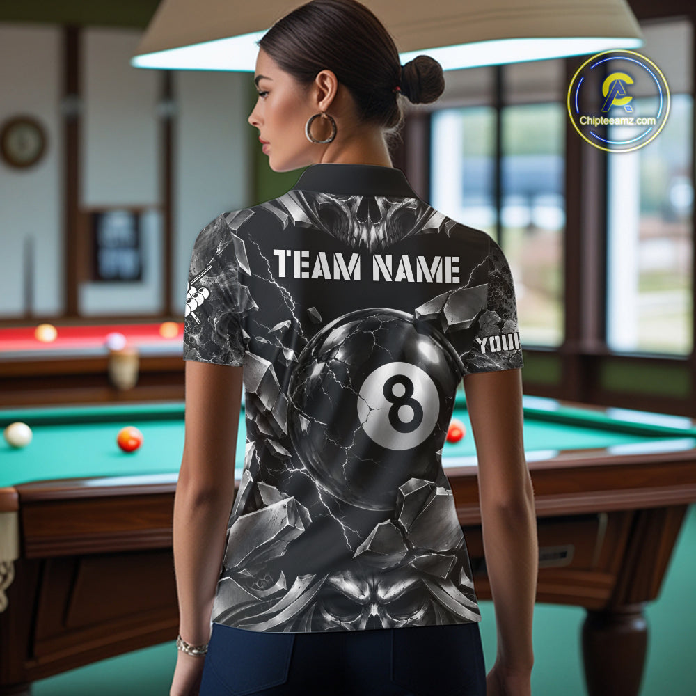Black And Silver 8 Ball Pool Skull Billiard Shirts Custom Billiard League Team Jersey