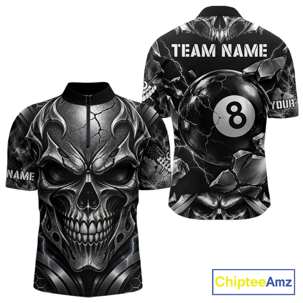 Black And Silver 8 Ball Pool Skull Billiard Shirts Custom Billiard League Team Jersey