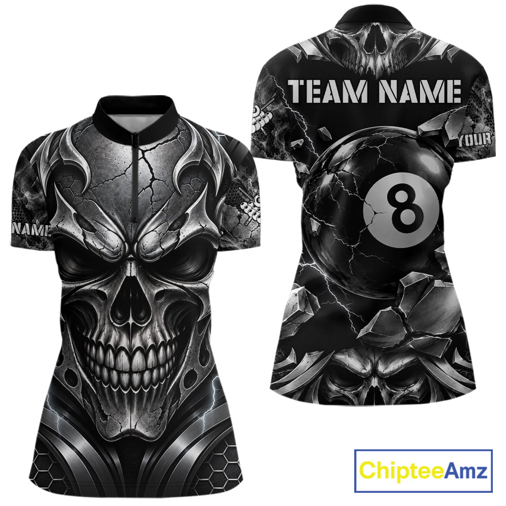 Black And Silver 8 Ball Pool Skull Billiard Shirts Custom Billiard League Team Jersey