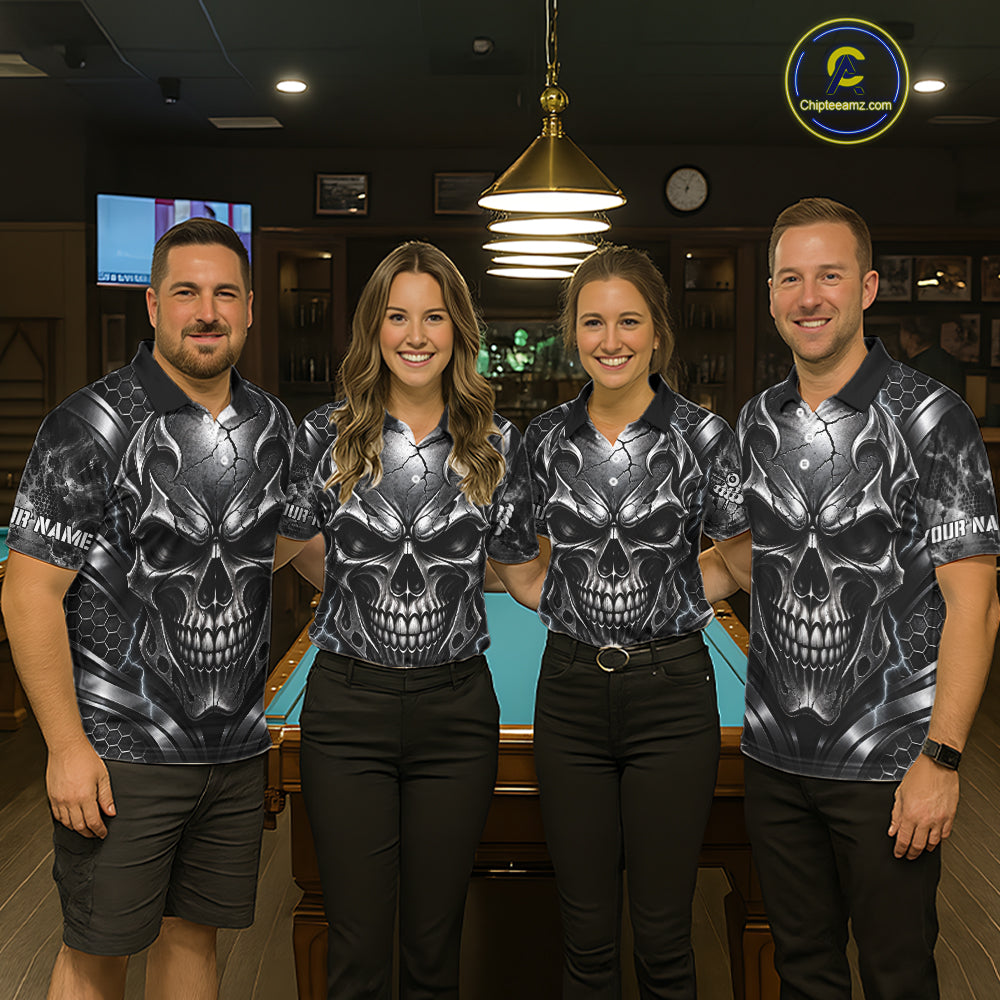Black And Silver 8 Ball Pool Skull Billiard Shirts Custom Billiard League Team Jersey