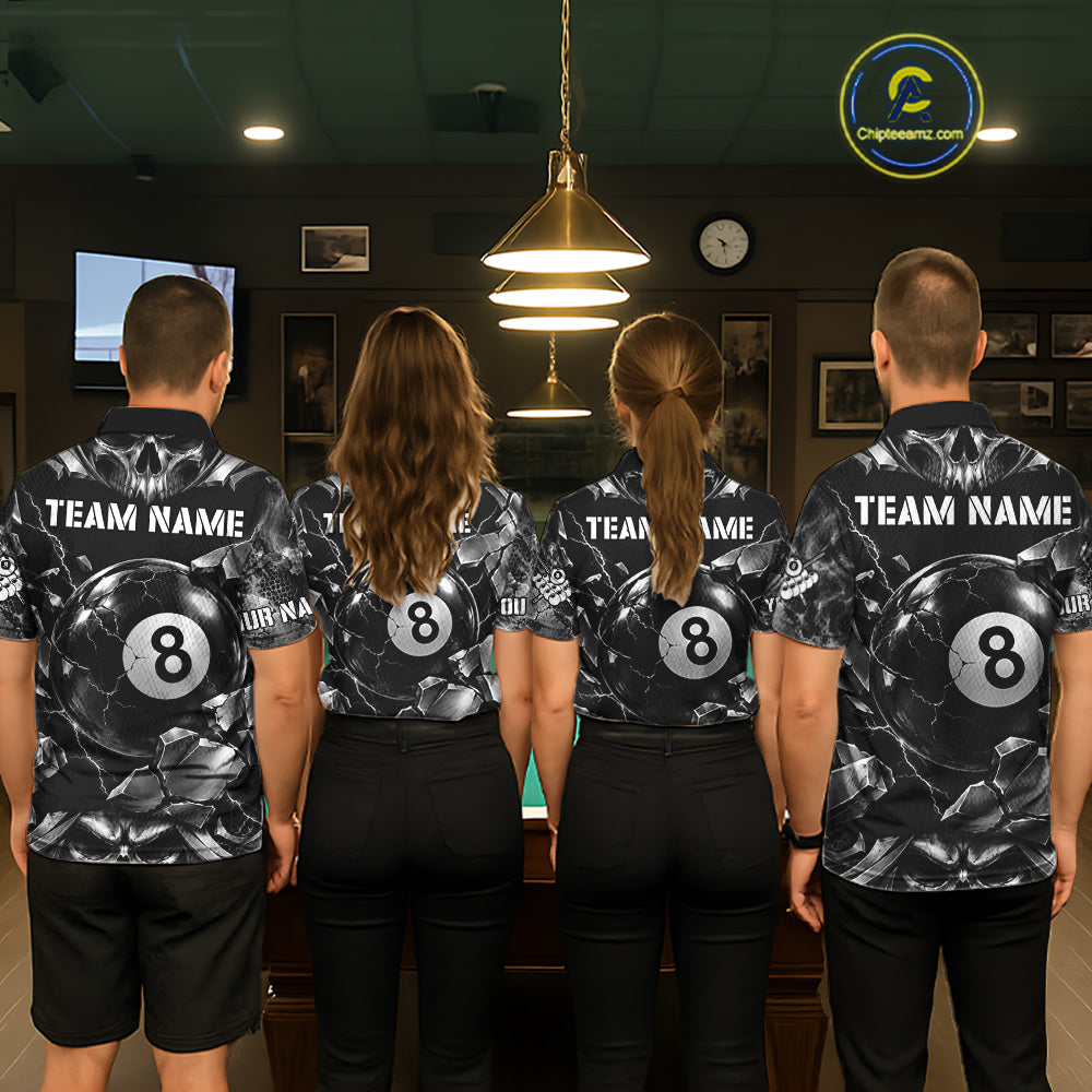 Black And Silver 8 Ball Pool Skull Billiard Shirts Custom Billiard League Team Jersey