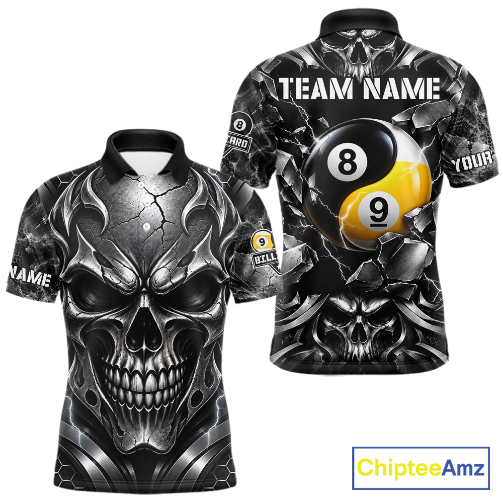 Black And Silver Yin-Yang Skull Billiard Shirts Custom 8 Ball & 9 Ball Pool Team Jersey