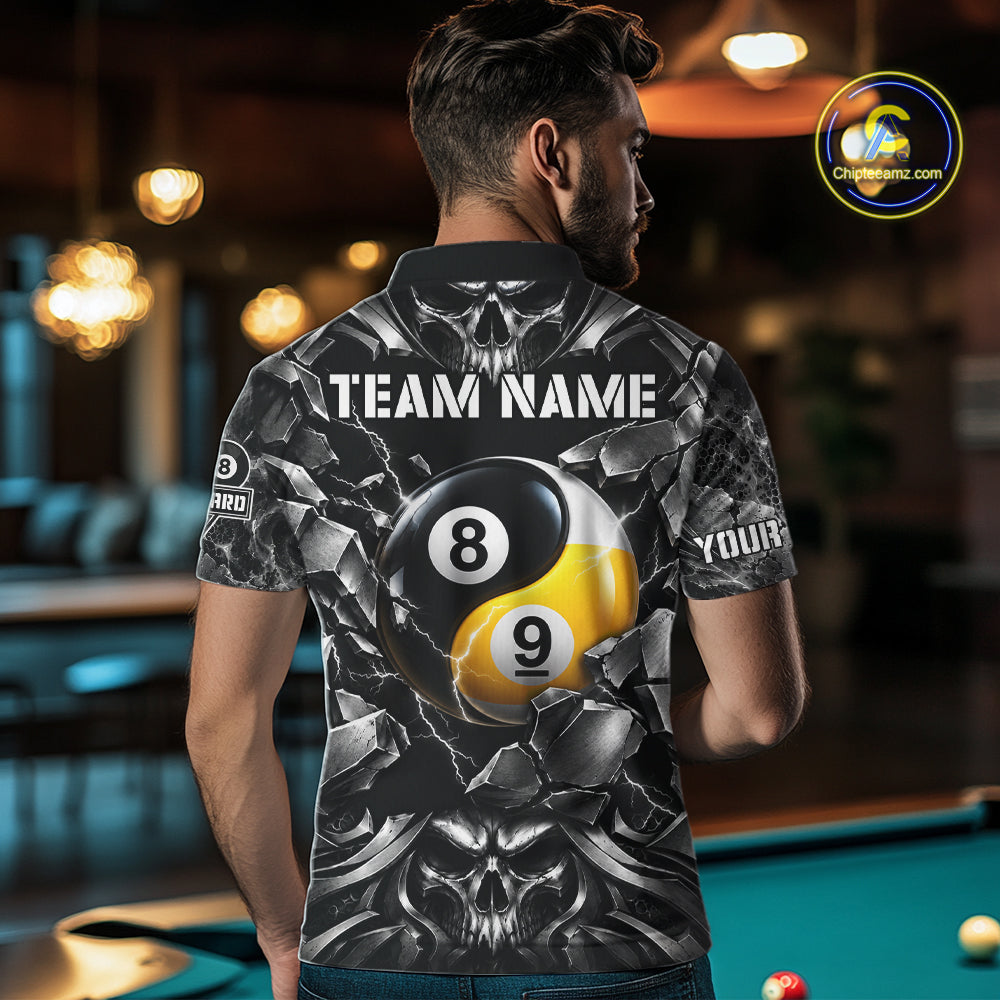 Black And Silver Yin-Yang Skull Billiard Shirts Custom 8 Ball & 9 Ball Pool Team Jersey