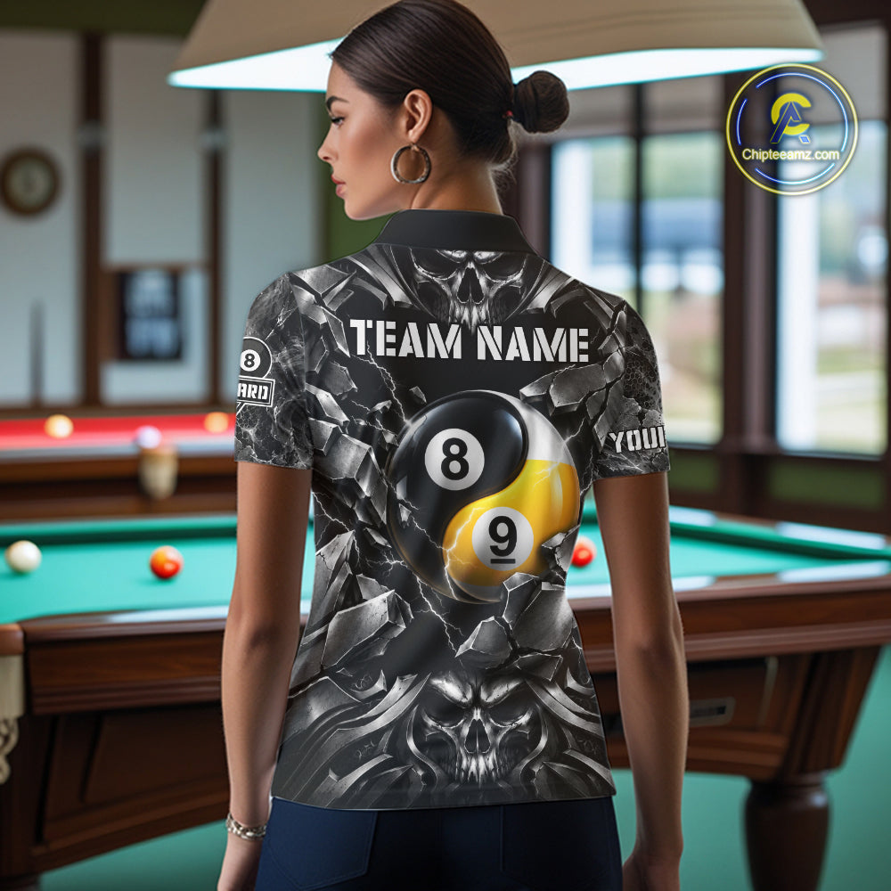 Black And Silver Yin-Yang Skull Billiard Shirts Custom 8 Ball & 9 Ball Pool Team Jersey