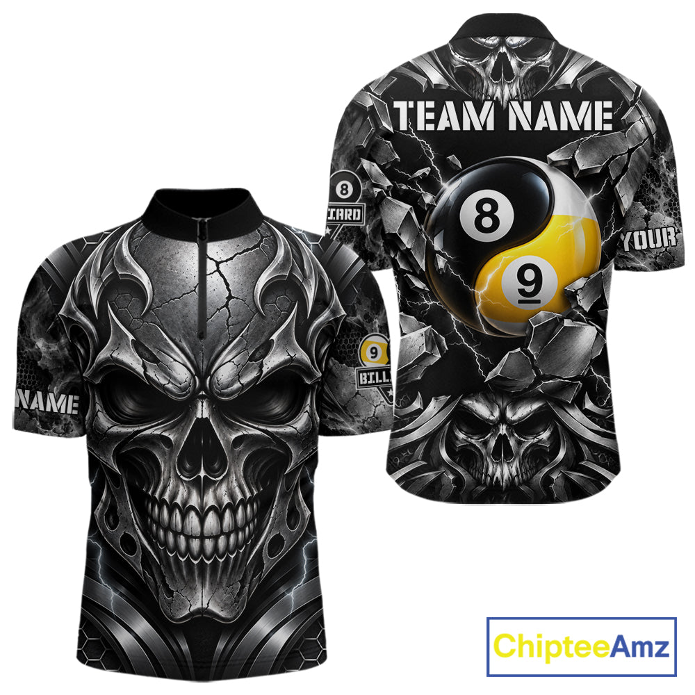 Black And Silver Yin-Yang Skull Billiard Shirts Custom 8 Ball & 9 Ball Pool Team Jersey