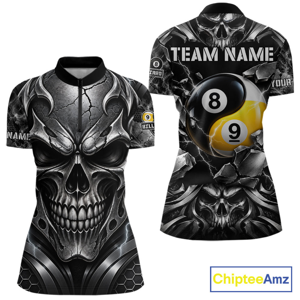 Black And Silver Yin-Yang Skull Billiard Shirts Custom 8 Ball & 9 Ball Pool Team Jersey