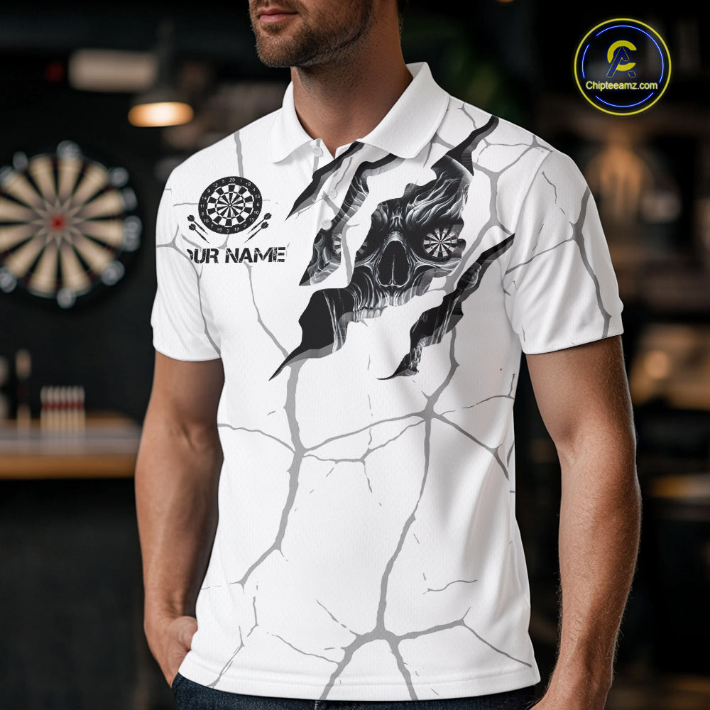 Personalized Skull White Grunge Darts Polo And Quarter-Zip Shirts Custom Dart Team Jerseys