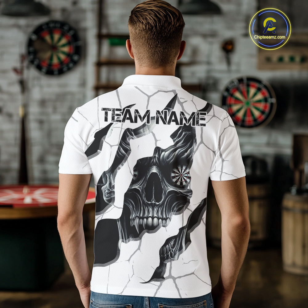 Personalized Skull White Grunge Darts Polo And Quarter-Zip Shirts Custom Dart Team Jerseys