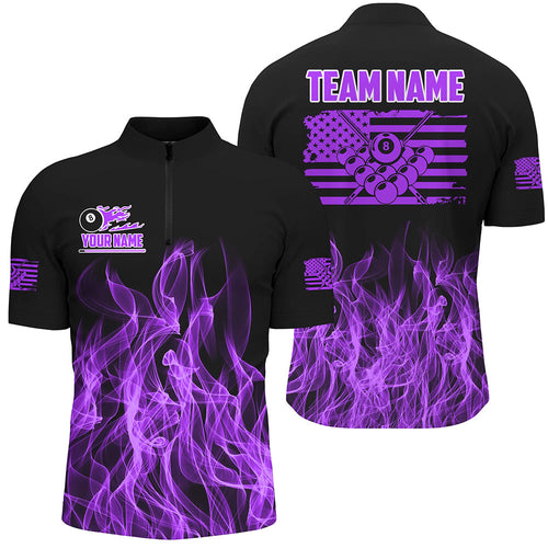 3D Purple Flaming American Flag Billiard Shirt Custom Patriotic Pool Player Billiard Jersey