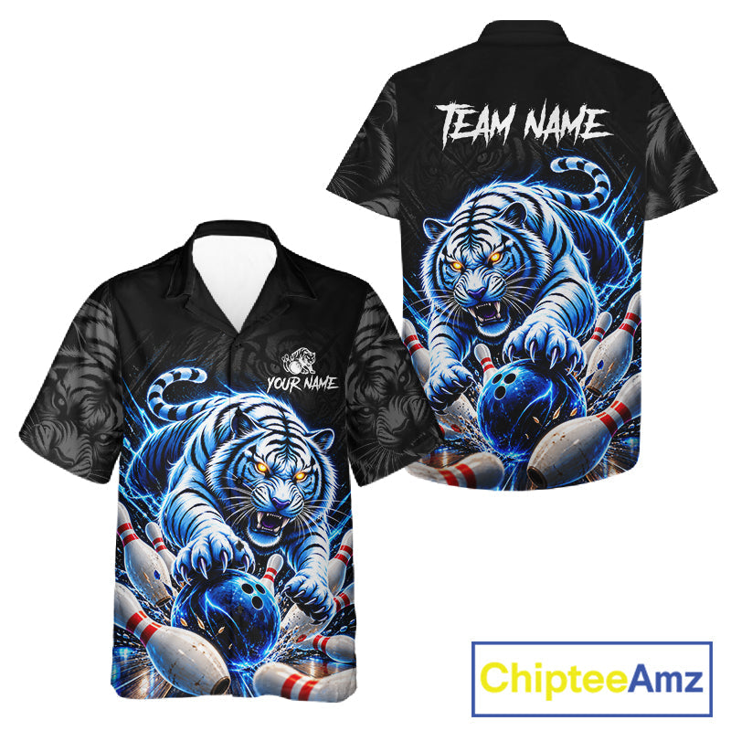 Personalized Blue Neon Tiger Bowling Hawaiian Shirt For Bowlers Custom Bowling Team Button Up Jersey