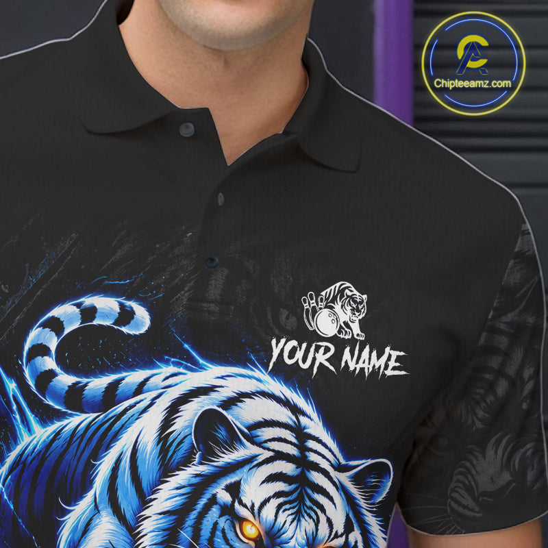 Personalized Blue Neon Tiger Bowling Jersey Custom Bowling League Team Shirt Polo, 1/4 Zip