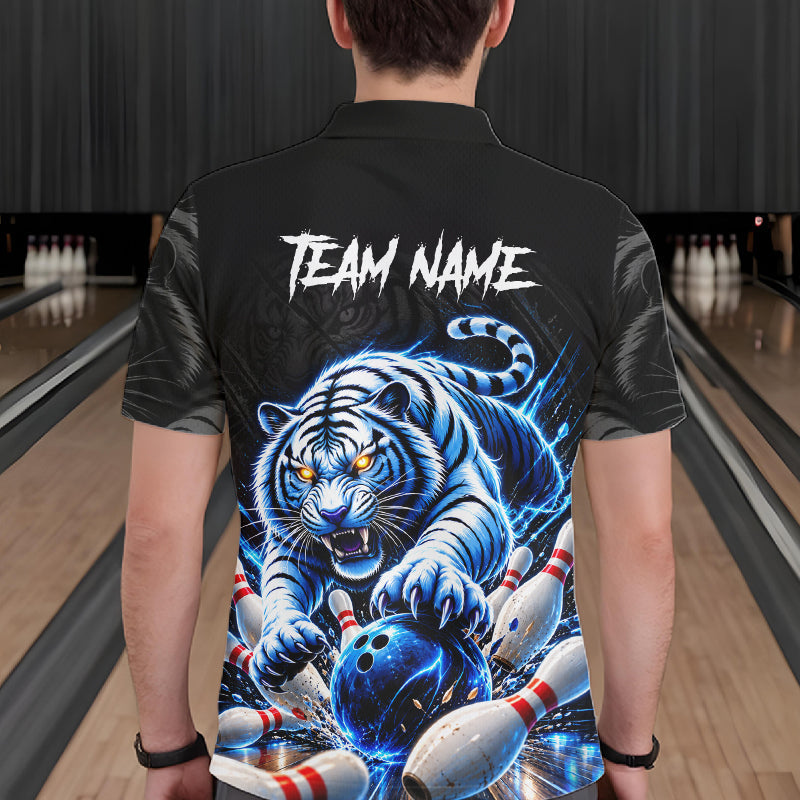 Personalized Blue Neon Tiger Bowling Jersey Custom Bowling League Team Shirt Polo, 1/4 Zip