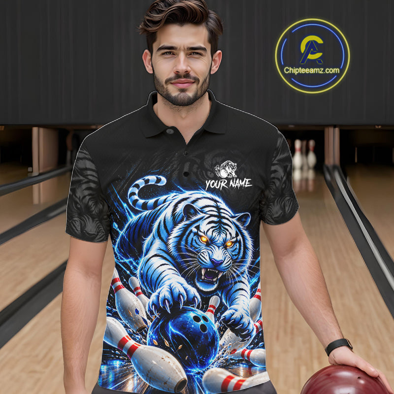 Personalized Blue Neon Tiger Bowling Jersey Custom Bowling League Team Shirt Polo, 1/4 Zip