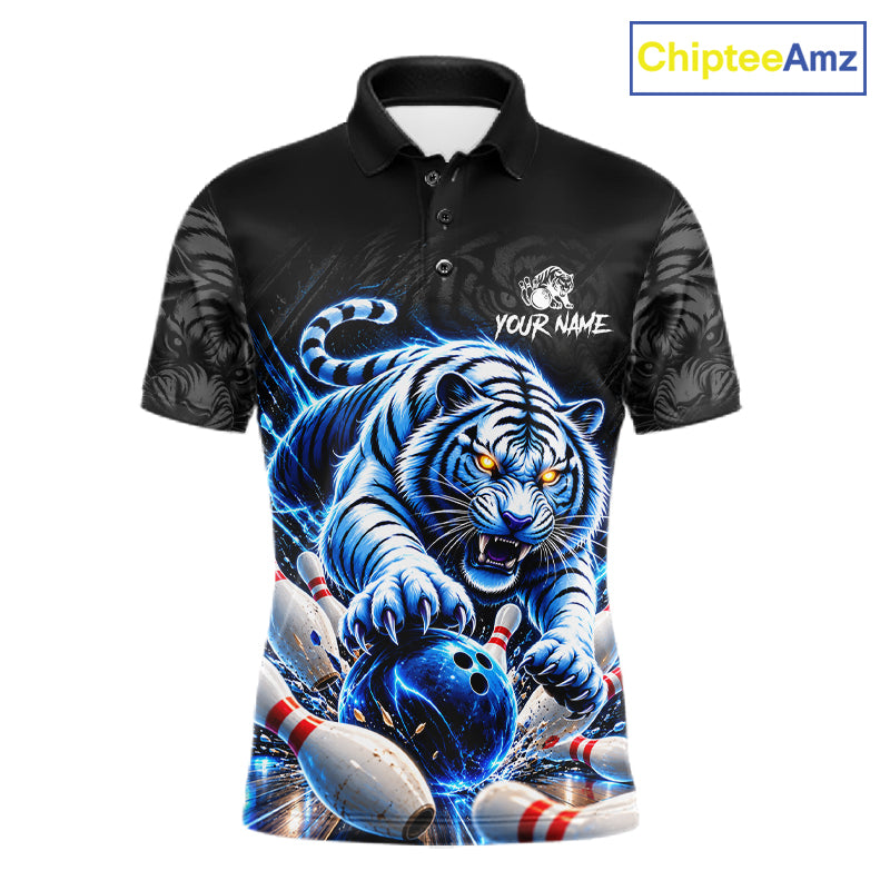 Personalized Blue Neon Tiger Bowling Jersey Custom Bowling League Team Shirt Polo, 1/4 Zip
