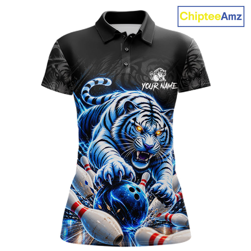 Personalized Blue Neon Tiger Bowling Jersey Custom Bowling League Team Shirt Polo, 1/4 Zip