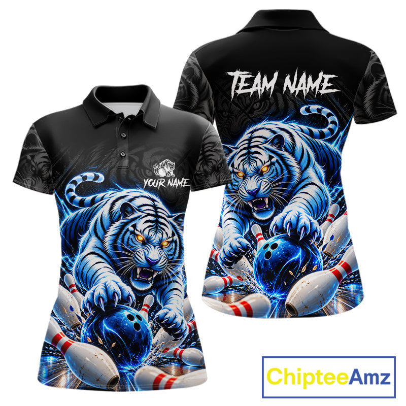 Personalized Blue Neon Tiger Bowling Jersey Custom Bowling League Team Shirt Polo, 1/4 Zip