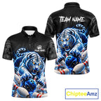 Personalized Blue Neon Tiger Bowling Jersey Custom Bowling League Team Shirt Polo, 1/4 Zip