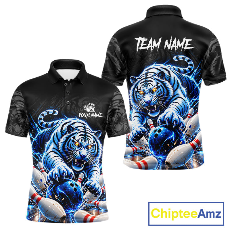 Personalized Blue Neon Tiger Bowling Jersey Custom Bowling League Team Shirt Polo, 1/4 Zip