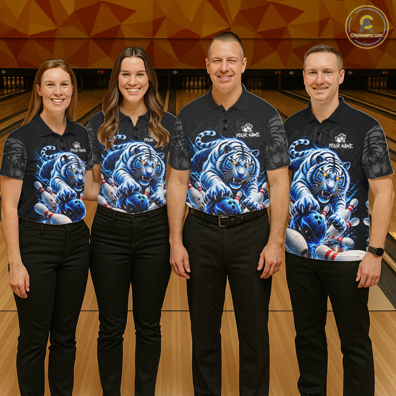 Personalized Blue Neon Tiger Bowling Jersey Custom Bowling League Team Shirt Polo, 1/4 Zip