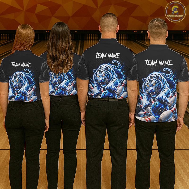 Personalized Blue Neon Tiger Bowling Jersey Custom Bowling League Team Shirt Polo, 1/4 Zip