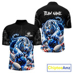 Personalized Blue Neon Tiger Bowling Jersey Custom Bowling League Team Shirt Polo, 1/4 Zip