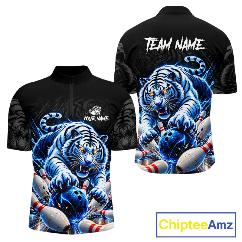 Personalized Blue Neon Tiger Bowling Jersey Custom Bowling League Team Shirt Polo, 1/4 Zip