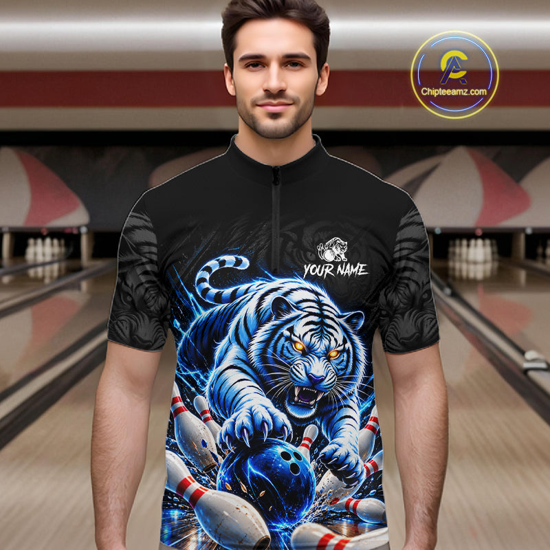 Personalized Blue Neon Tiger Bowling Jersey Custom Bowling League Team Shirt Polo, 1/4 Zip