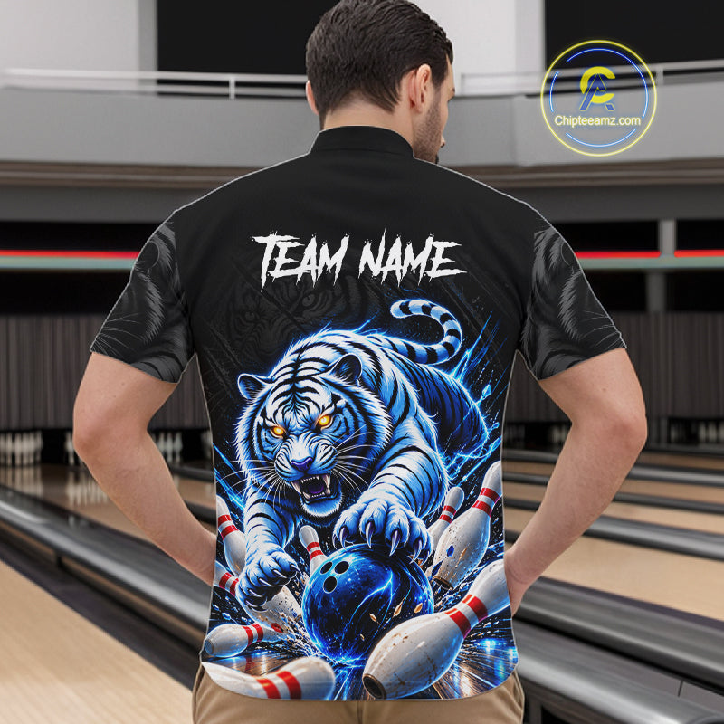 Personalized Blue Neon Tiger Bowling Jersey Custom Bowling League Team Shirt Polo, 1/4 Zip
