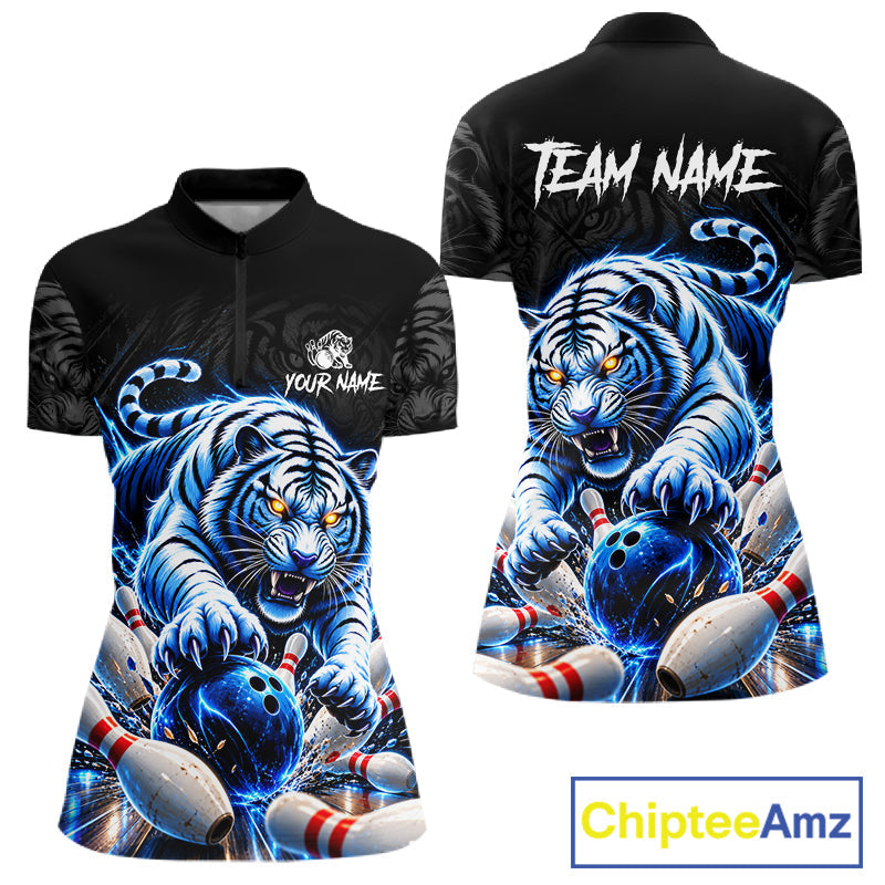 Personalized Blue Neon Tiger Bowling Jersey Custom Bowling League Team Shirt Polo, 1/4 Zip