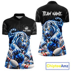 Personalized Blue Neon Tiger Bowling Jersey Custom Bowling League Team Shirt Polo, 1/4 Zip