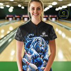 Personalized Blue Neon Tiger Bowling Jersey Custom Bowling League Team Shirt Polo, 1/4 Zip