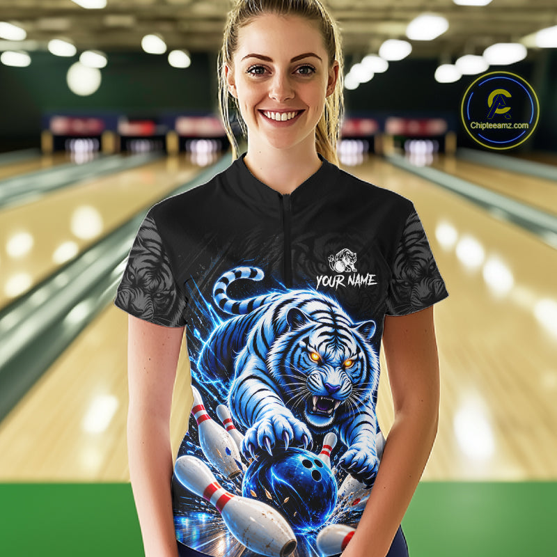 Personalized Blue Neon Tiger Bowling Jersey Custom Bowling League Team Shirt Polo, 1/4 Zip