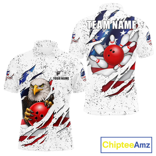 White Grunge US Flag Eagle Bowling Shirt Custom Patriotic Bowling Team Jersey Polo & 1/4 Zip