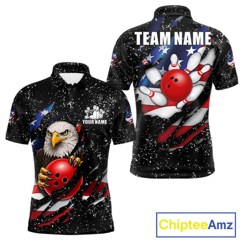 Black Grunge US Flag Eagle Bowling Shirt Custom Patriotic Bowling Team Jersey Polo & 1/4 Zip