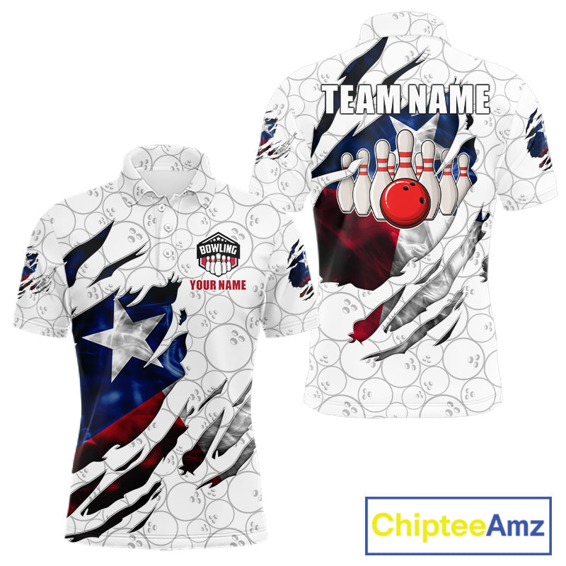 Custom Smoke Texas Flag White Bowling Shirts, Patriotic Bowling Team Jersey Polo & 1/4 Zip