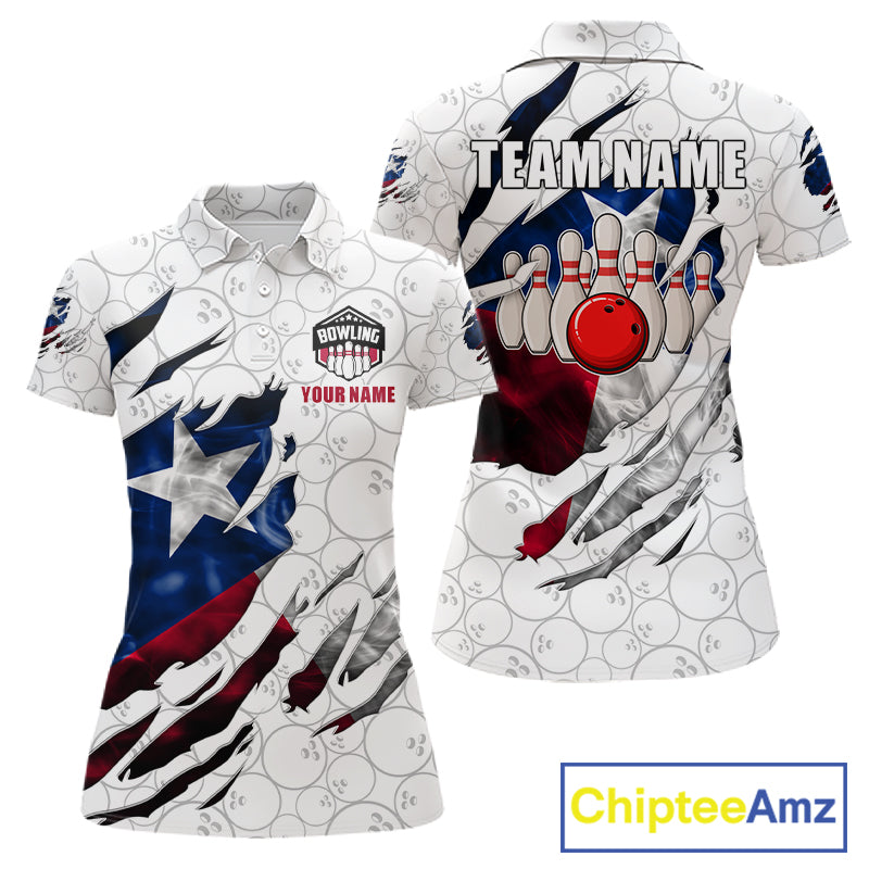 Custom Smoke Texas Flag White Bowling Shirts, Patriotic Bowling Team Jersey Polo & 1/4 Zip