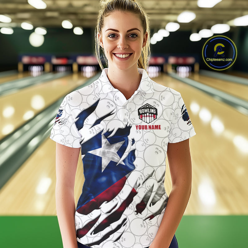 Custom Smoke Texas Flag White Bowling Shirts, Patriotic Bowling Team Jersey Polo & 1/4 Zip
