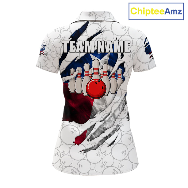 Custom Smoke Texas Flag White Bowling Shirts, Patriotic Bowling Team Jersey Polo & 1/4 Zip