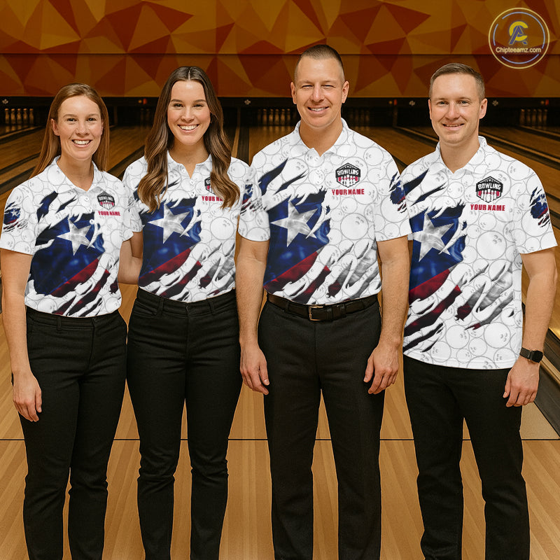 Custom Smoke Texas Flag White Bowling Shirts, Patriotic Bowling Team Jersey Polo & 1/4 Zip